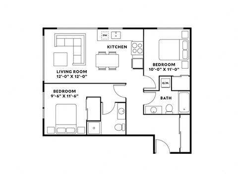 Floor plan for 2 beds, 2 baths, 874 sqft